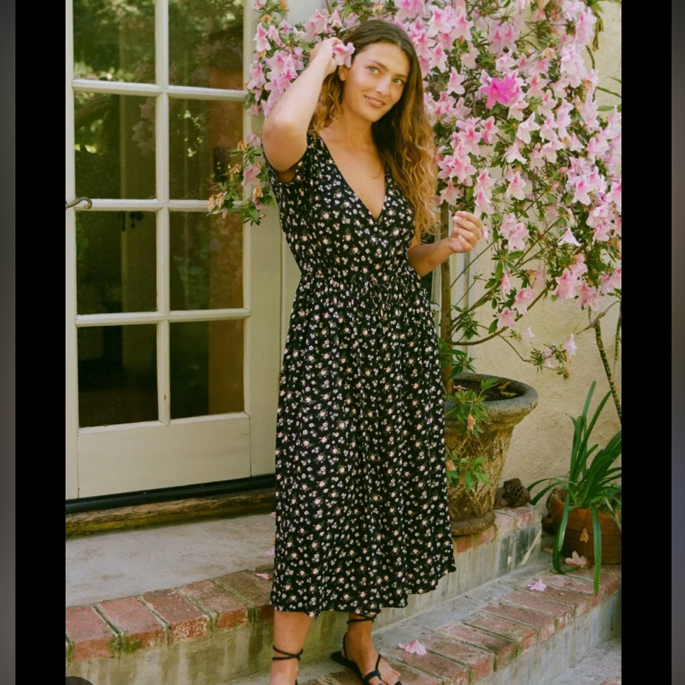 Christy Dawn Night Rosette Black Floral Midi Dawn Dress Petite S